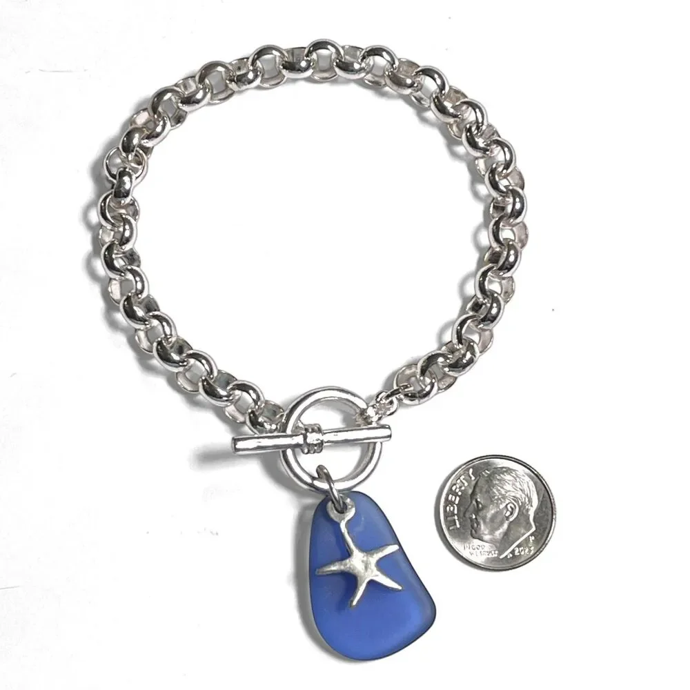 Blue Sea Glass Starfish Bracelet Silver Plated Rolo Chain Toggle Clasp 8